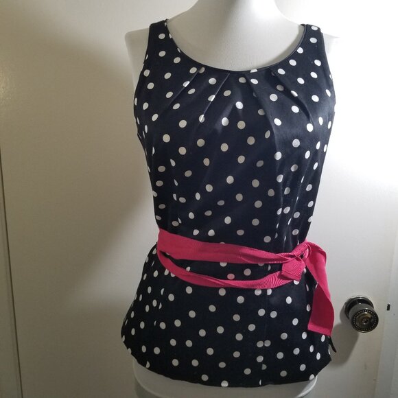 White House Black Market Tops - White House Black Market brand polka dot top in black with pink belt, size 2
